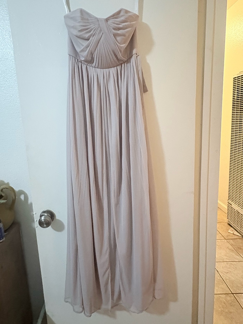 David's Bridal Strapless Pleated Chiffon Gown in Light Blush